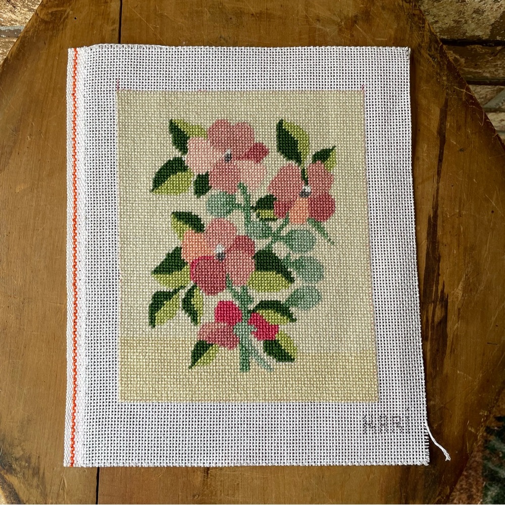 Petit Point Flower Embroidery 6 1/2” X 8” Excellent condition!